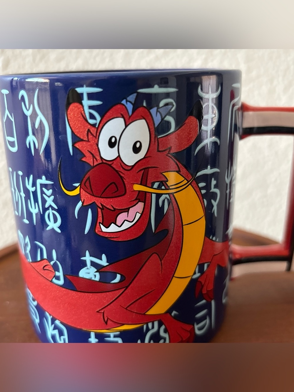 Disney Parks Mulan Mushu Dragon Ceramic Coffee Mug Chinese Characters Blue Red - Picture 2 of 9